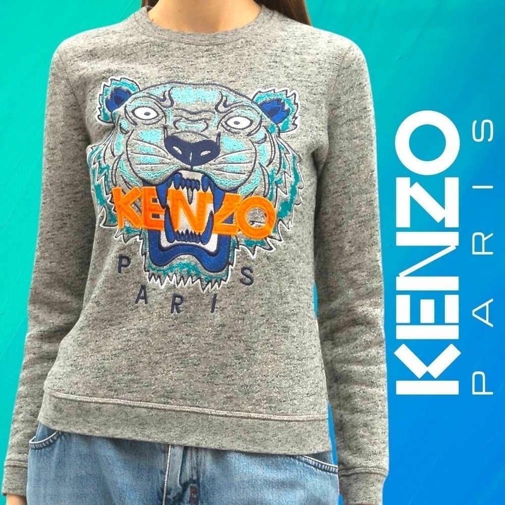 KENZO Paris Jungle Womens Embroidered Tiger Sweatshirt Space Dye Grey Medium